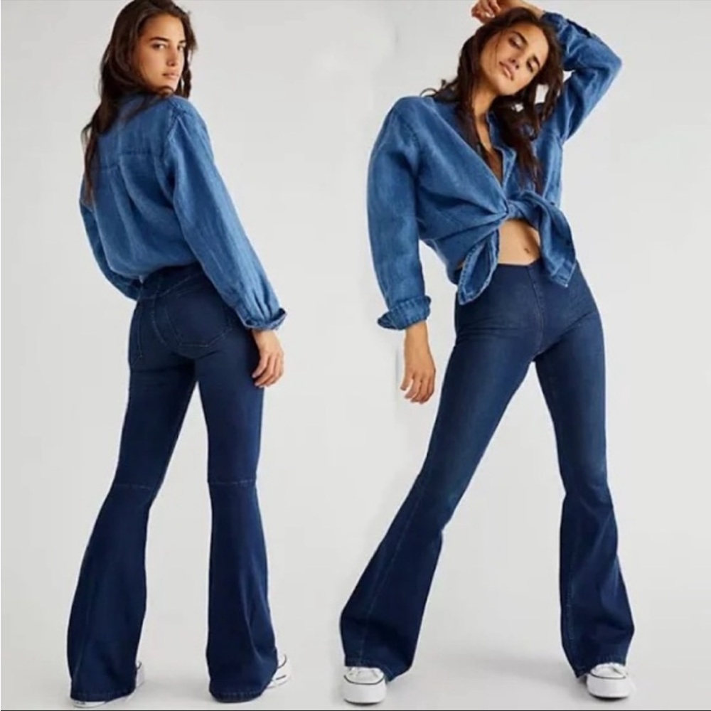 Free People Flare Penny Pull On Denim Jeans Dark Wash Blue Size 25